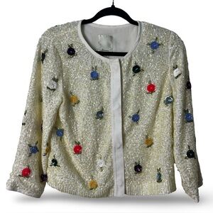Elevenses – Women’s White Sequin Floral Beaded Embellished Jacket – Sz. S